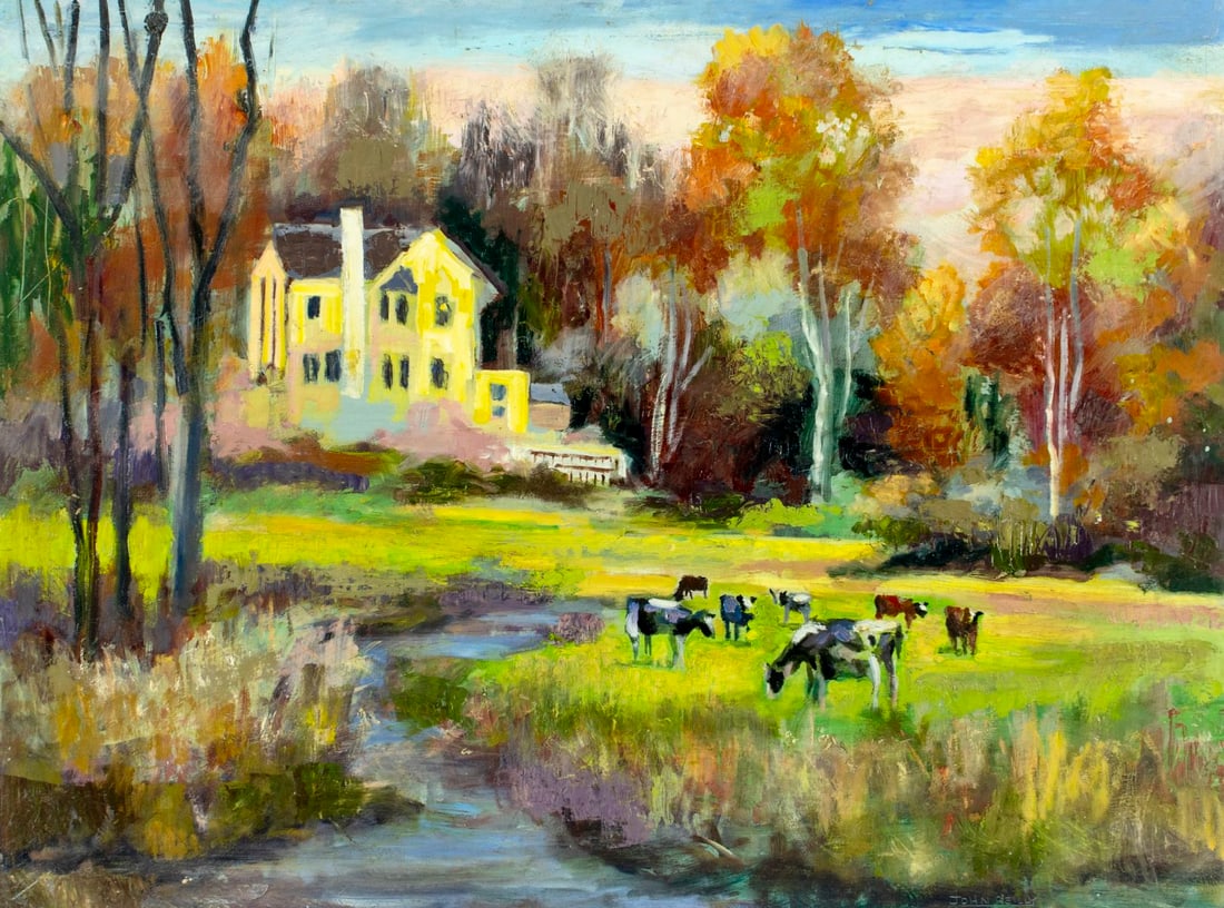 John Reilly (NY,NJ,1942-2021) oil painting: ARTIST: John Reilly (New York, New Jersey, 1942 - 2021) TITLE: Autumn Country Landscape with Cows MEDIUM: oil on board CONDITION: Some small damage to the lower right corn