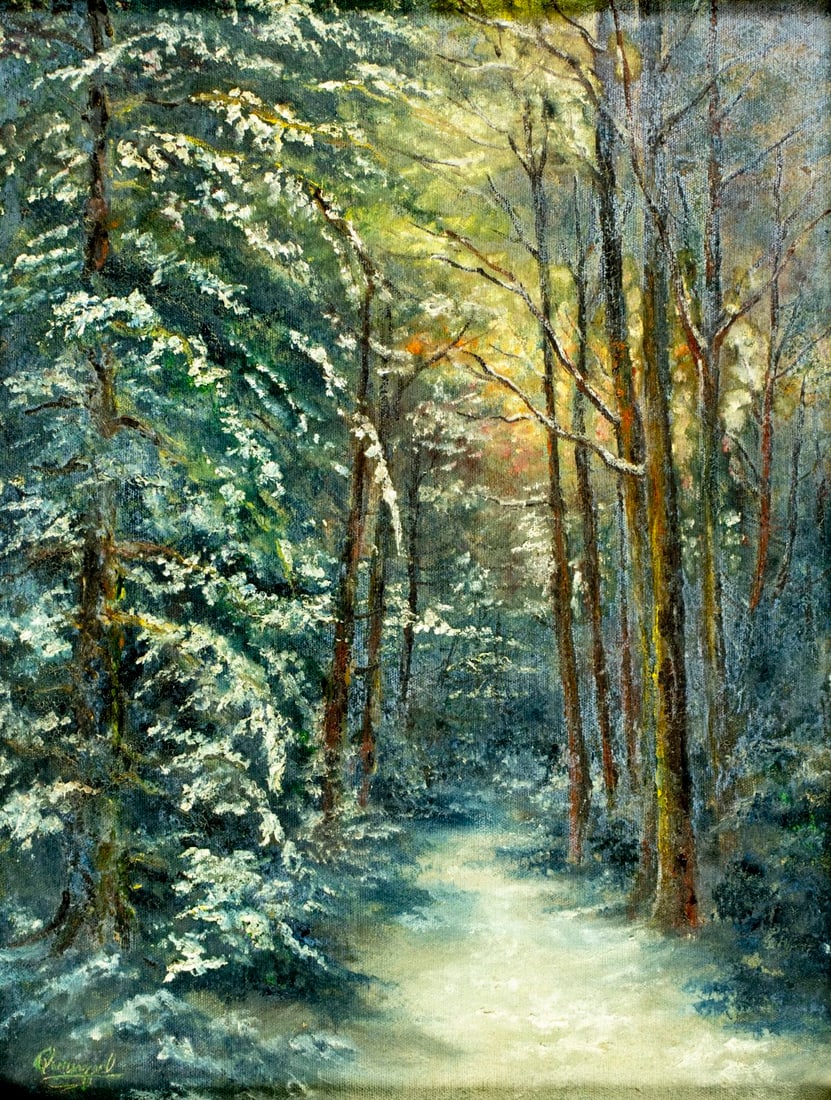 Antique early 20C American oil painting signed: ARTIST: - (American, early 20 century) TITLE: Sunset Winter Forest Landscape MEDIUM: oil on canvas CONDITION: One patch. Few small paint losses. Very minor craquelure. No