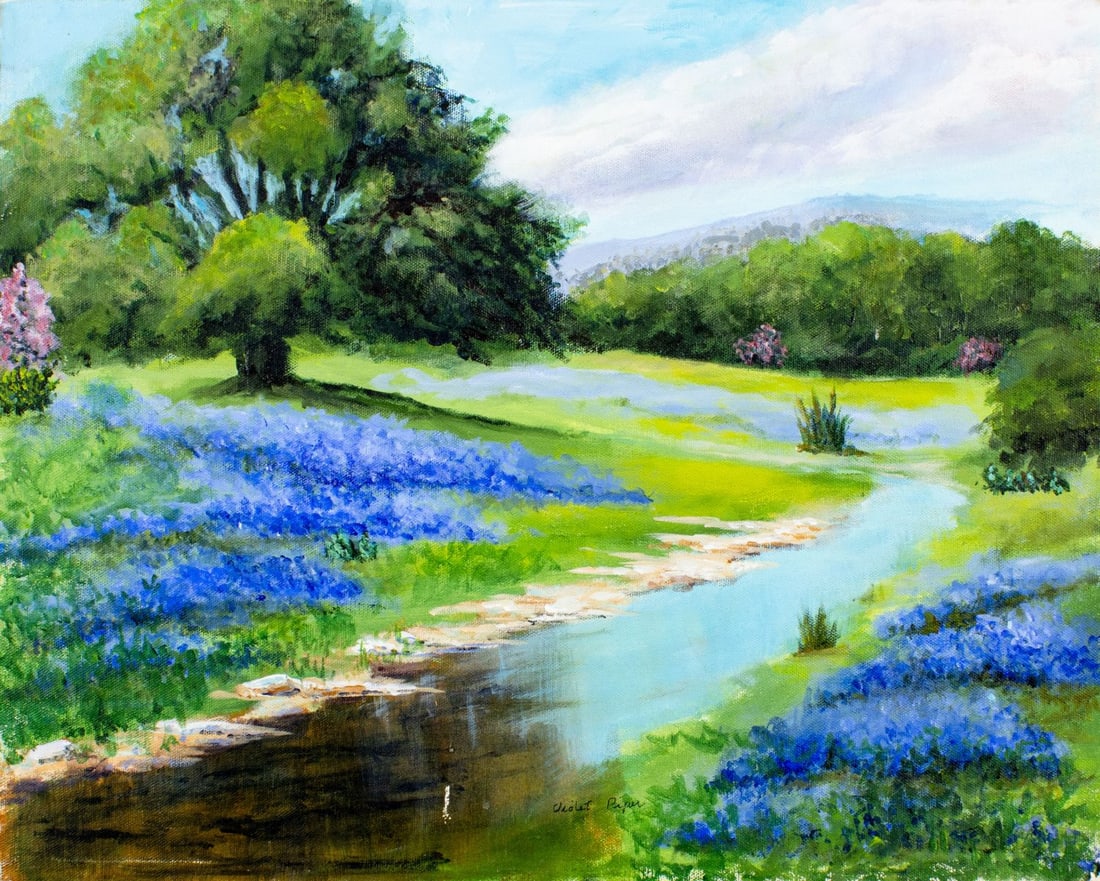 Violet Piper (TX,20C) oil painting: ARTIST: Violet Piper (Texas, 20 century) TITLE: Bluebonnets Landscape MEDIUM: oil on canvas CONDITION: Some paint losses by the lower edge. No visible inpaint under UV light