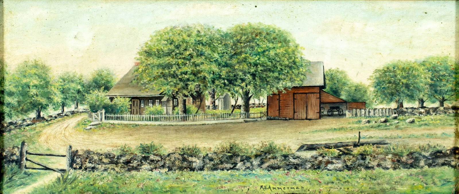Mary Ellen Swain Ammerman (CA,OH,1872-1923) oil painting antique: ARTIST: Mary Ellen Swain Ammerman (California, Ohio, 1872 - 1923) TITLE: Landscape - Farm On Teatown Road, NY MEDIUM: oil on board CONDITION: Some small scratches/paint lo