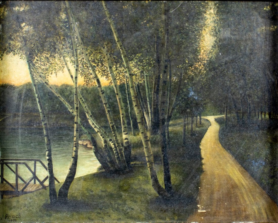 J Rauch (PA,mid 20C) oil painting: ARTIST: J Rauch (Pennsylvania, mid 20 century) YEAR: 1958 TITLE: Landscape - Birch Lined Drives, Music Lake, Scranton, PA (titled on verso) MEDIUM: oil on canvas board