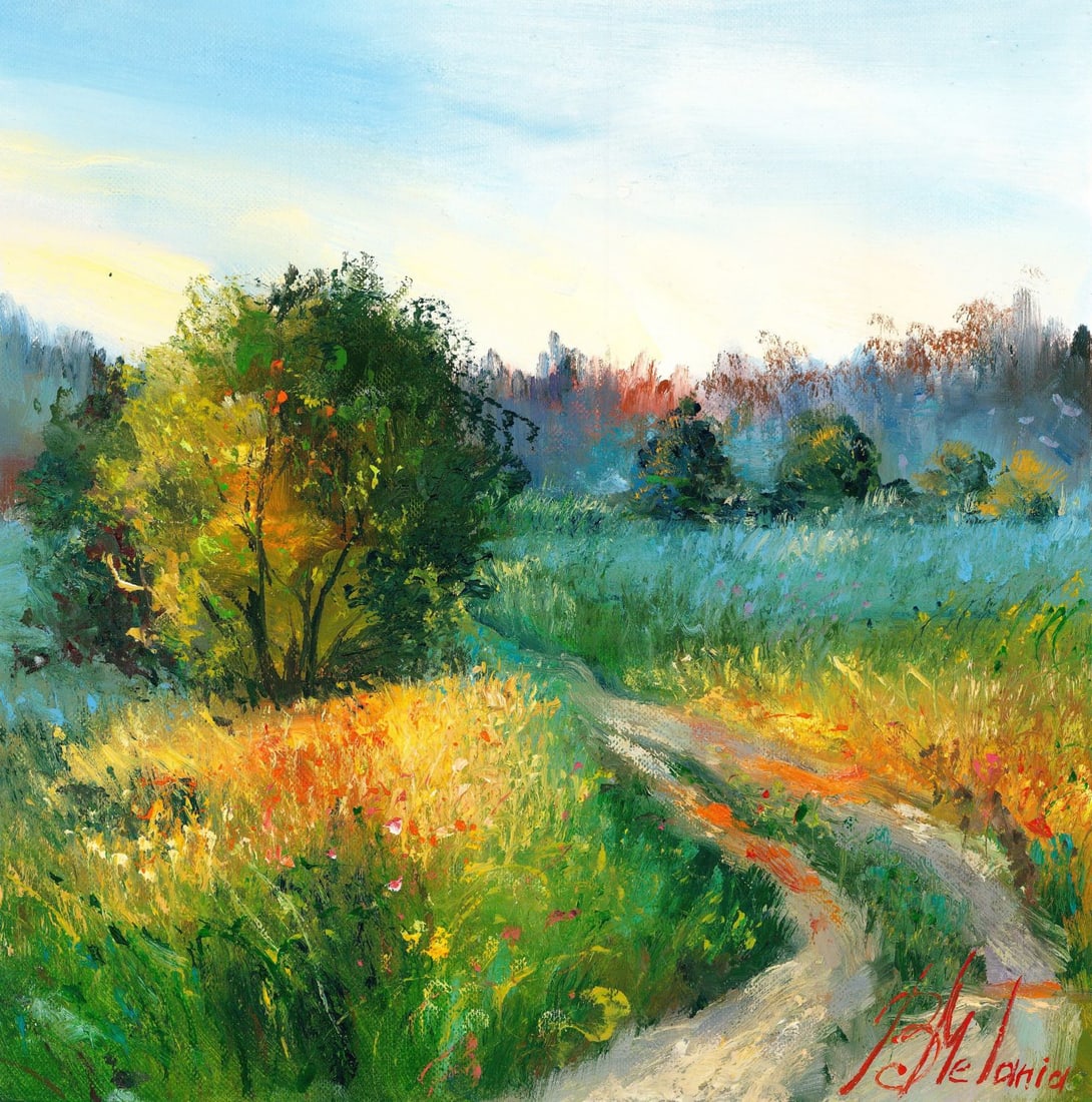 Melania Balanyuk (Ukraine,20/21C) oil painting: ARTIST: Melania Balanyuk (Ukrainian, 20/21 centuries) TITLE: Country Landscape MEDIUM: oil on heavy paper CONDITION: Very good. No visible inpaint under UV light.