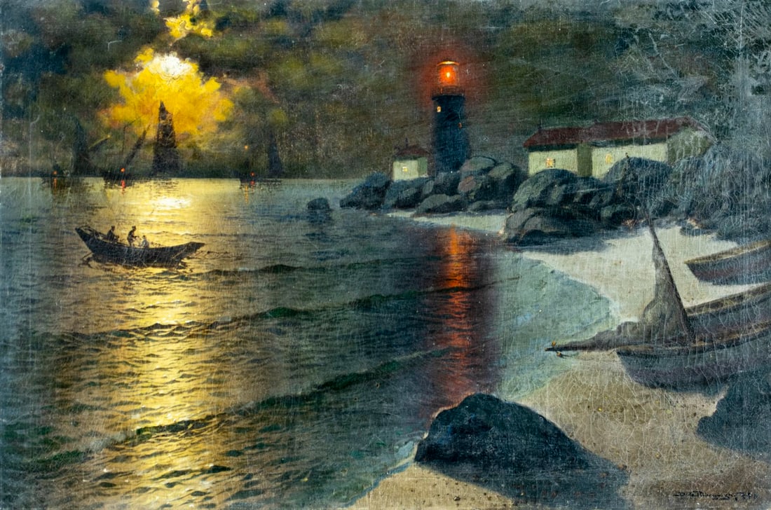 Richard De Ribcowsky (CA,Argentina,1880-1936) oil painting antique: ARTIST: Richard Dey De Ribcowsky (California, Argentinean, Bulgarian, 1880 - 1936) TITLE: Coastal Landscape with Lighthouse MEDIUM: oil on canvas CONDITION: Relined. Few