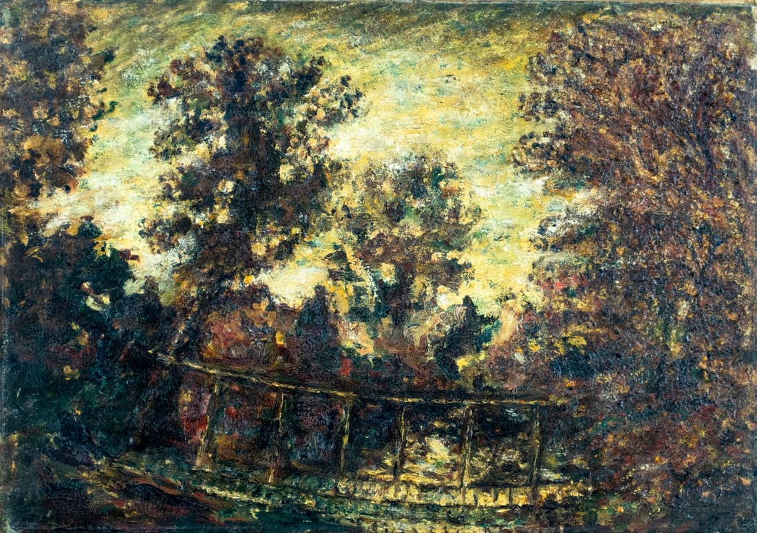 M C Chesebro (US,early 20C) oil painting antique: ARTIST: M C Chesebro (American, early 20 century) TITLE: Bridge Landscape - Autumn MEDIUM: oil on board CONDITION: Overall good. No visible inpaint under UV light. Normal we