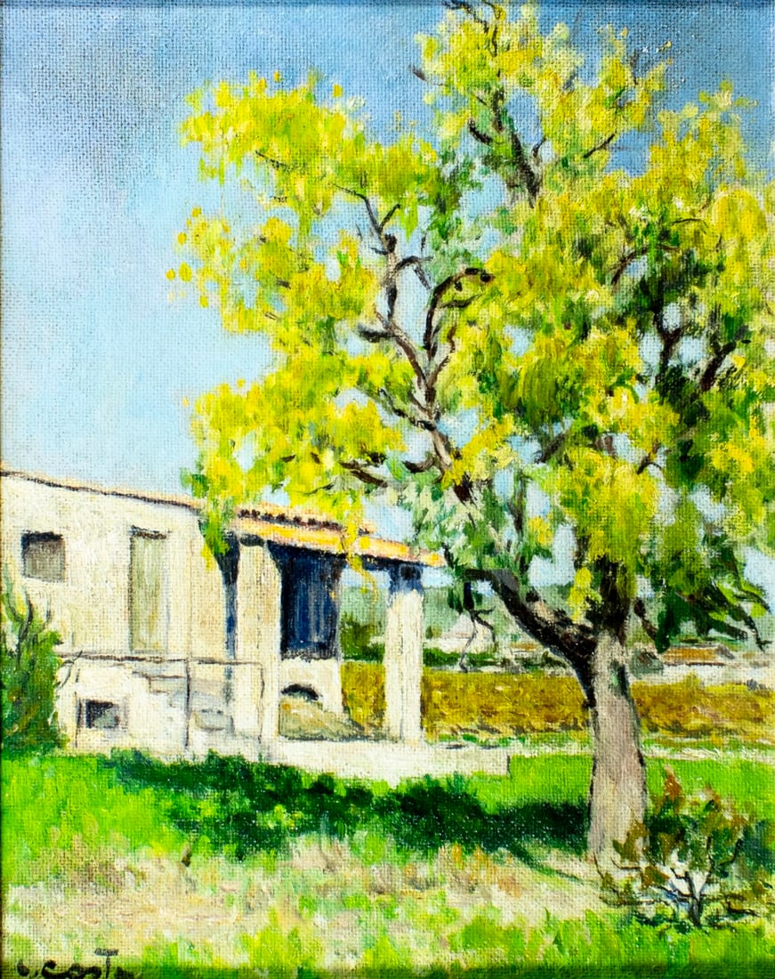Costa (US,early 20C) oil painting antique: ARTIST: Costa (American, early 20 century) TITLE: Landscape with Cottage MEDIUM: oil on board CONDITION: Overall good. No visible inpaint under UV light. ART SIZ