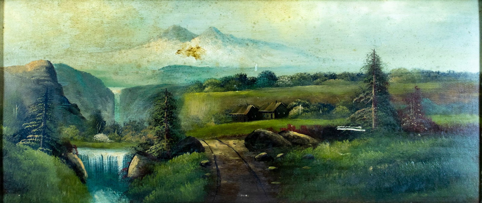 Antique early 20C American oil painting: ARTIST: - (American, early 20 century) TITLE: Mountain Village Landscape MEDIUM: oil on board CONDITION: Some brown spots. Some scratches/paint losses mostly in the lower