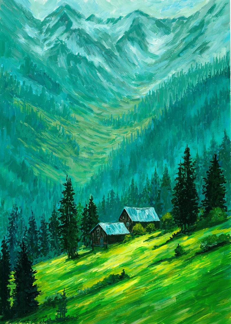 Katerina Kovalevska (Ukraine,20/21C) acrylic painting: ARTIST: Katerina Kovalevska (Ukrainian, 20/21 centuries) TITLE: Mountain Landscape with Cottages MEDIUM: acrylic on heavy paper CONDITION: Very good. ART SIZE: