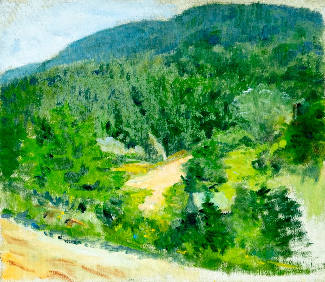 Helen DuMond (NY,CA,OR,1872-1968) oil painting: ARTIST: Helen Savier DuMond (New York, California, Oregon, 1872 - 1968) TITLE: Hilly Landscape MEDIUM: oil on canvas CONDITION: Minor paint losses. No visible inpaint unde
