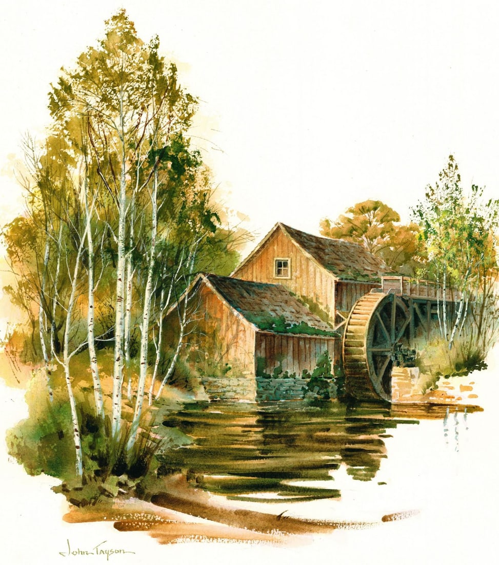 John Tayson (CO,IL,1956-2020) watercolor painting: ARTIST: John Tayson (Colorado, Illinois, 1956 - 2020) TITLE: Spring Landscape with Watermill MEDIUM: watercolor on heavy paper CONDITION: Very good. ART SIZE: