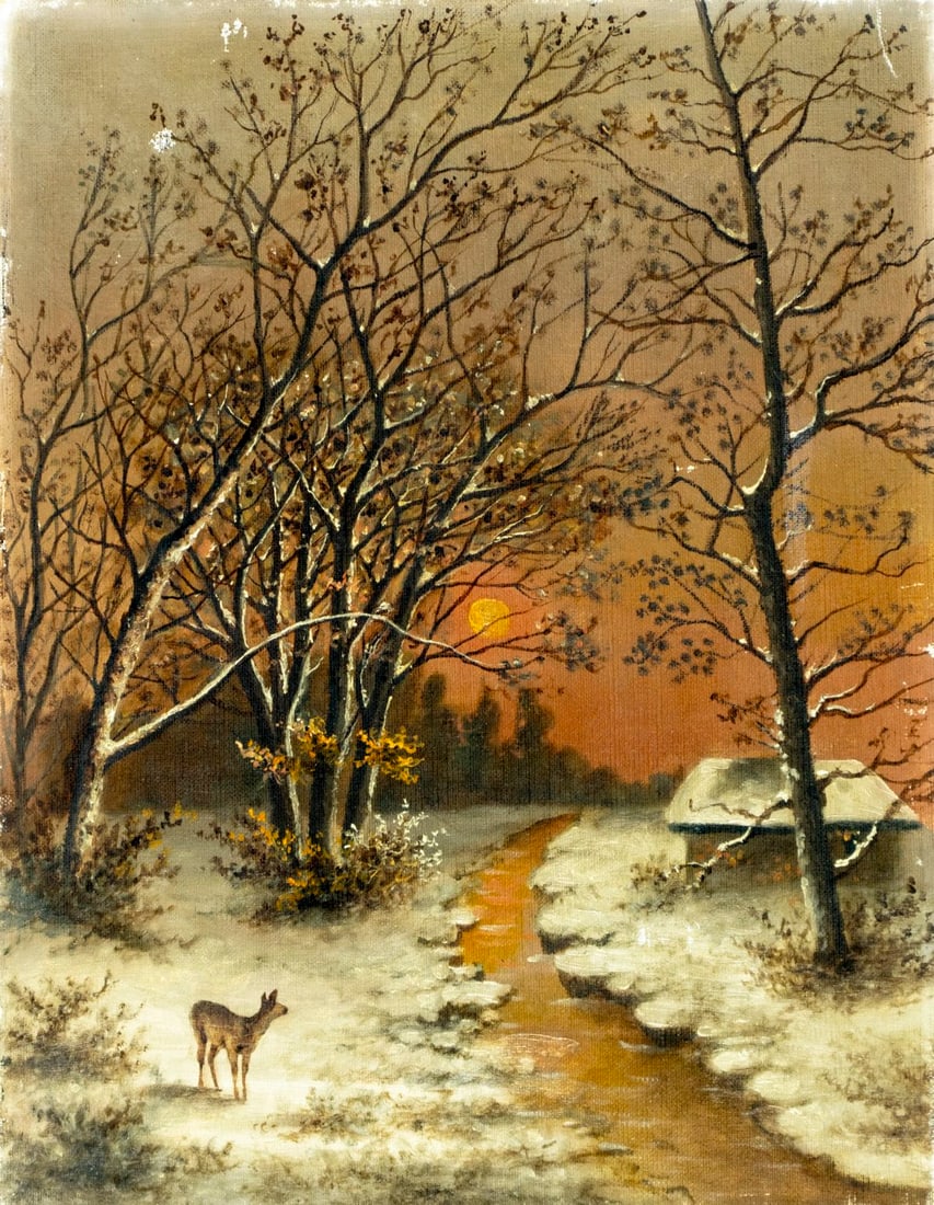 Antique 19C American oil painting: ARTIST: - (American, 19 century) TITLE: Winter Sunset Landscape with Deer MEDIUM: oil on canvas CONDITION: Some small scratches/paint losses. No visible inpaint under UV l