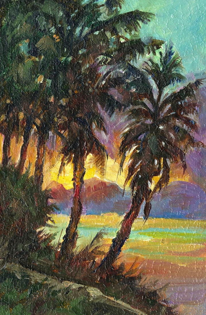 Sergey Kozachkin (Ukraine,b 1965) oil painting antique: ARTIST: Sergey Vasilievich Kozachkin (Ukraine, born 1965) TITLE: Sunset Tropical Landscape MEDIUM: oil on board CONDITION: Very good. No visible inpaint under UV light. <
