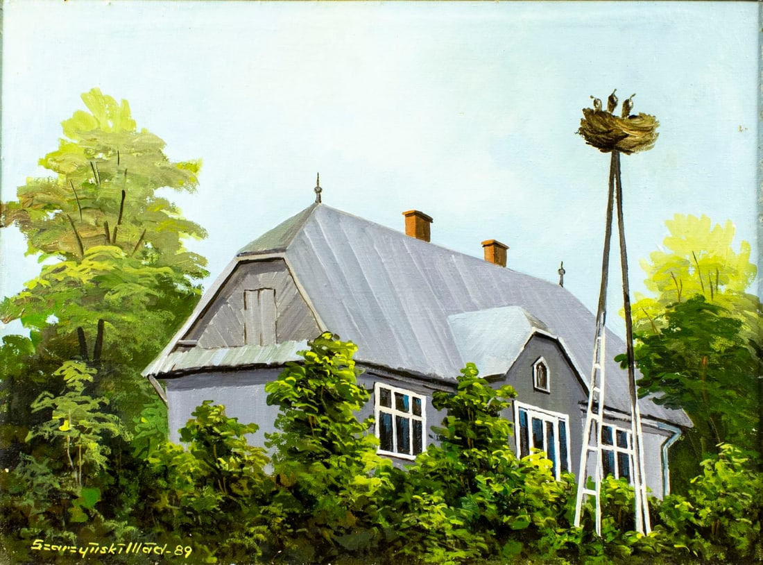 Szarzynski (Poland,20C) oil painting: ARTIST: Szarzynski (Polish, 20 century) TITLE: Country Landscape with Stork Nest YEAR: 1989 MEDIUM: oil on canvas CONDITION: Some small scratches/paint l