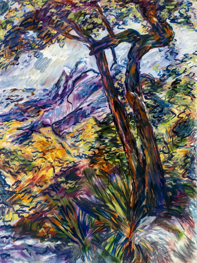 Evelyn Metzger (NY,Brazil,1911-2007) oil painting: ARTIST: Evelyn Borchard Metzger (New York, Brazilian, 1911 - 2007) TITLE: Mountain Landscape with Tree MEDIUM: oil on board CONDITION: Some damages to upper corners. Few f