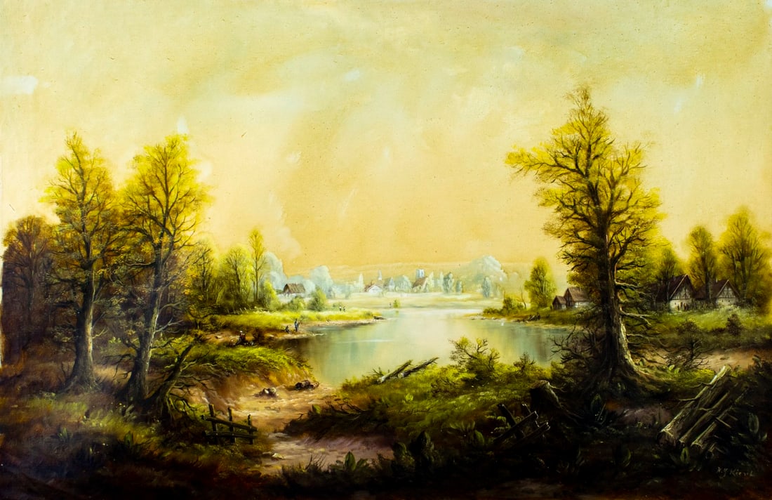 H G Kiesel (German,20C) oil painting: ARTIST: H G Kiesel (Germany, 20 century) TITLE: Country River Landscape MEDIUM: oil on canvas CONDITION: Unstretched (In-House stretching available) (In-House stretching ava