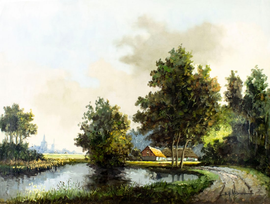Bernard H Slotman (German,1928-?) oil painting: ARTIST: Bernard H Slotmann (Germany, 1928 - ???) TITLE: Countryside Pond Landscape MEDIUM: oil on canvas CONDITION: Unstretched (In-House stretching available) (In-House s