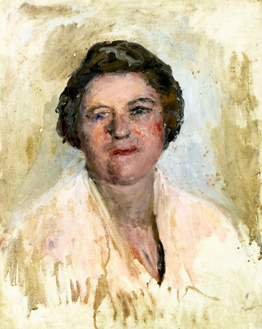 Helen DuMond (NY,CA,OR,1872-1968) oil painting: ARTIST: Helen Savier DuMond (New York, California, Oregon, 1872 - 1968) TITLE: Portrait of Woman MEDIUM: oil on canvas board CONDITION: Some separation of the canvas from