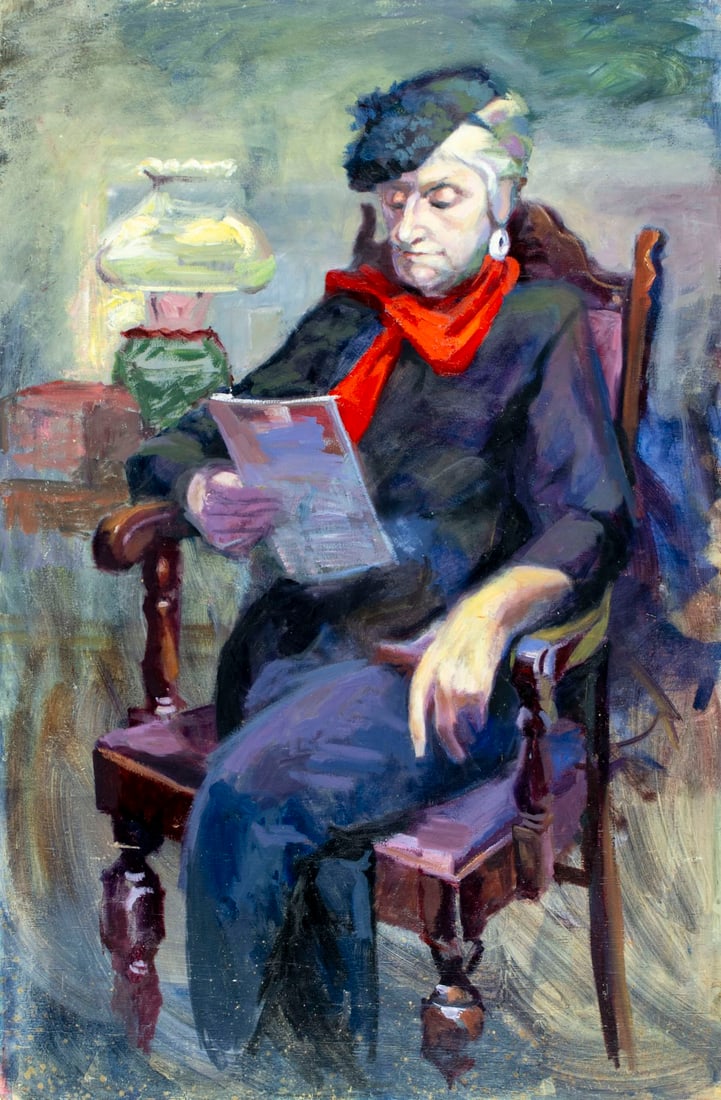 John Reilly (NY,NJ,1942-2021) oil painting: ARTIST: John Reilly (New York, New Jersey, 1942 - 2021) TITLE: Old Woman Reading Letter MEDIUM: oil on board CONDITION: Some small damages to edges and corners. Some scrat