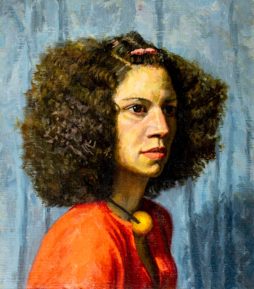 Jim McIntyre (Europe,20C) oil painting: ARTIST: Jim McIntyre (European, 20 century) TITLE: Portrait of Woman MEDIUM: oil on canvas CONDITION: Unstretched (In-House stretching available) (In-House stretching availa