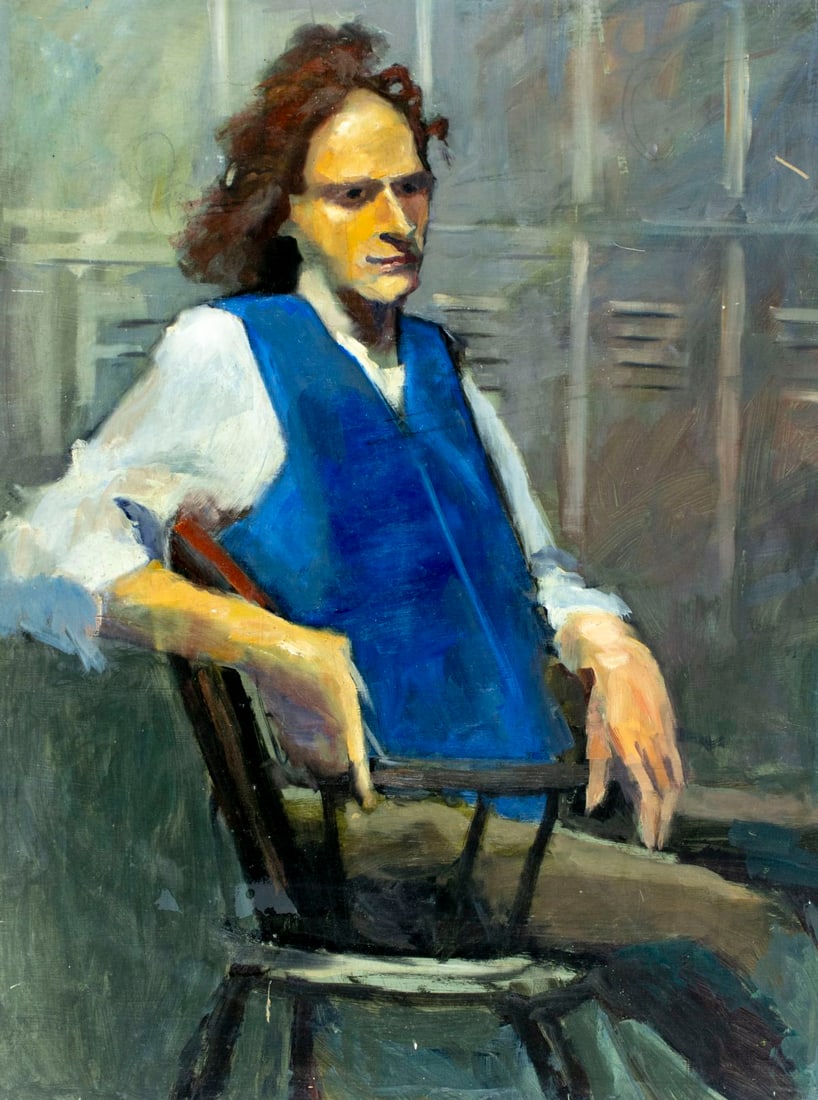 John Reilly (NY,NJ,1942-2021) oil painting: ARTIST: John Reilly (New York, New Jersey, 1942 - 2021) TITLE: Portrait of Seated Man MEDIUM: oil on board CONDITION: Some scratches/paint losses. No visible inpaint under
