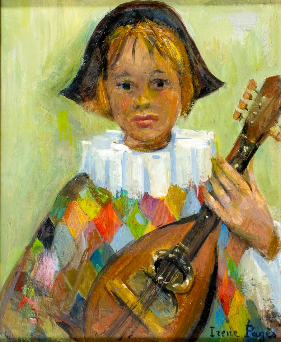 Irene Pages (France,1934-?) oil painting: ARTIST: Irene Pages (French, 1934 - ???) TITLE: Petit Arlequin a la Mandoline MEDIUM: oil on canvas CONDITION: Overall good. No visible inpaint under UV light. Wear to frame
