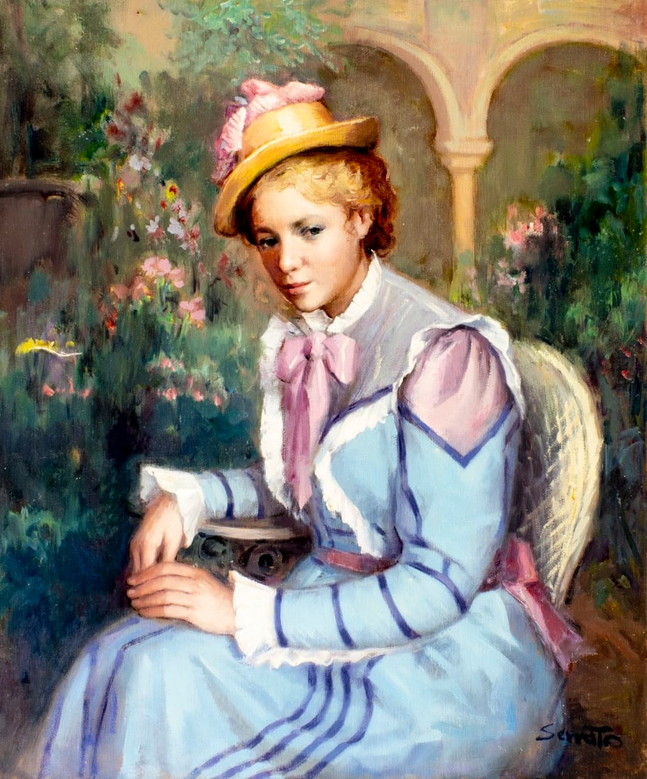 Ruggero Serrato (Italy,1898-?) oil painting: ARTIST: Ruggero Serrato (Italian, 1898 - ???) TITLE: Portrait of Seated Woman MEDIUM: oil on canvas CONDITION: Unstretched (In-House stretching available) (In-House stretc