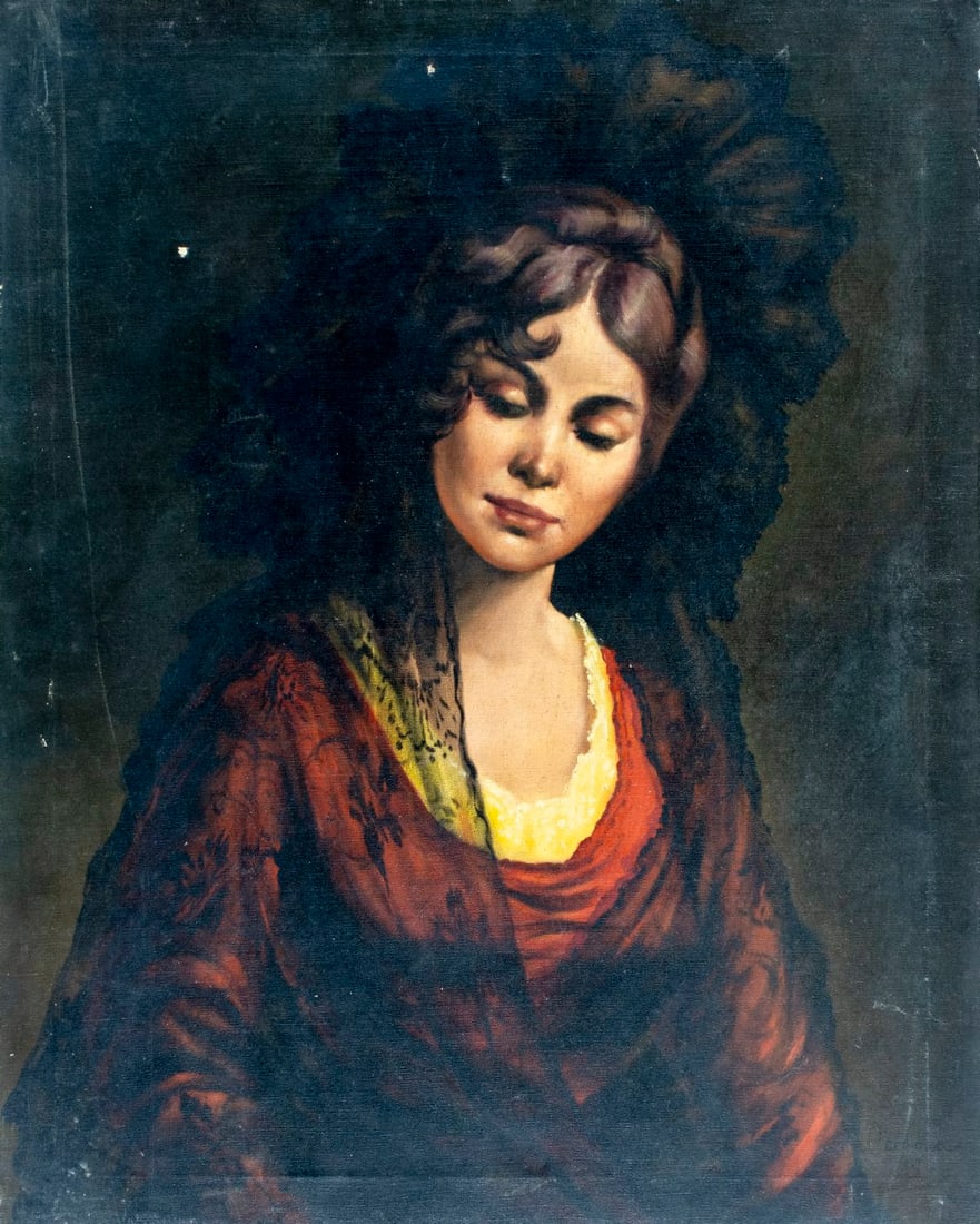 Cordona (Spain,mid 20C) oil painting: ARTIST: Cordona (Spanish, mid 20 century) TITLE: Portrait of Woman YEAR: 1967 MEDIUM: oil on canvas CONDITION: One patch. Some scratches/paint losses. No