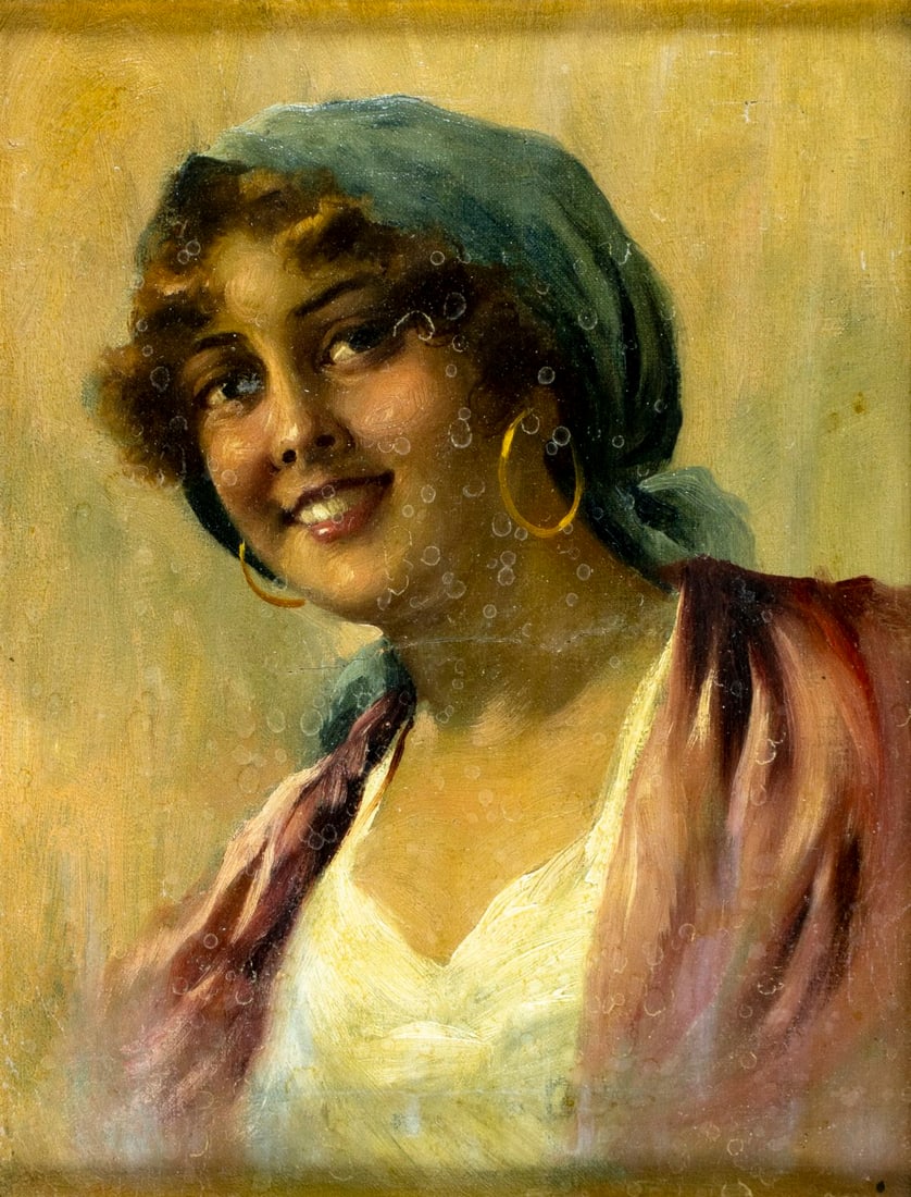 Raffaele Frigerio (Italy,1875-1948) oil painting antique: ARTIST: Raffaele Frigerio (Italian, 1875 - 1948) TITLE: Portrait of Woman MEDIUM: oil on canvas CONDITION: Two patches-repaired tears with corresponding paint losses. Some