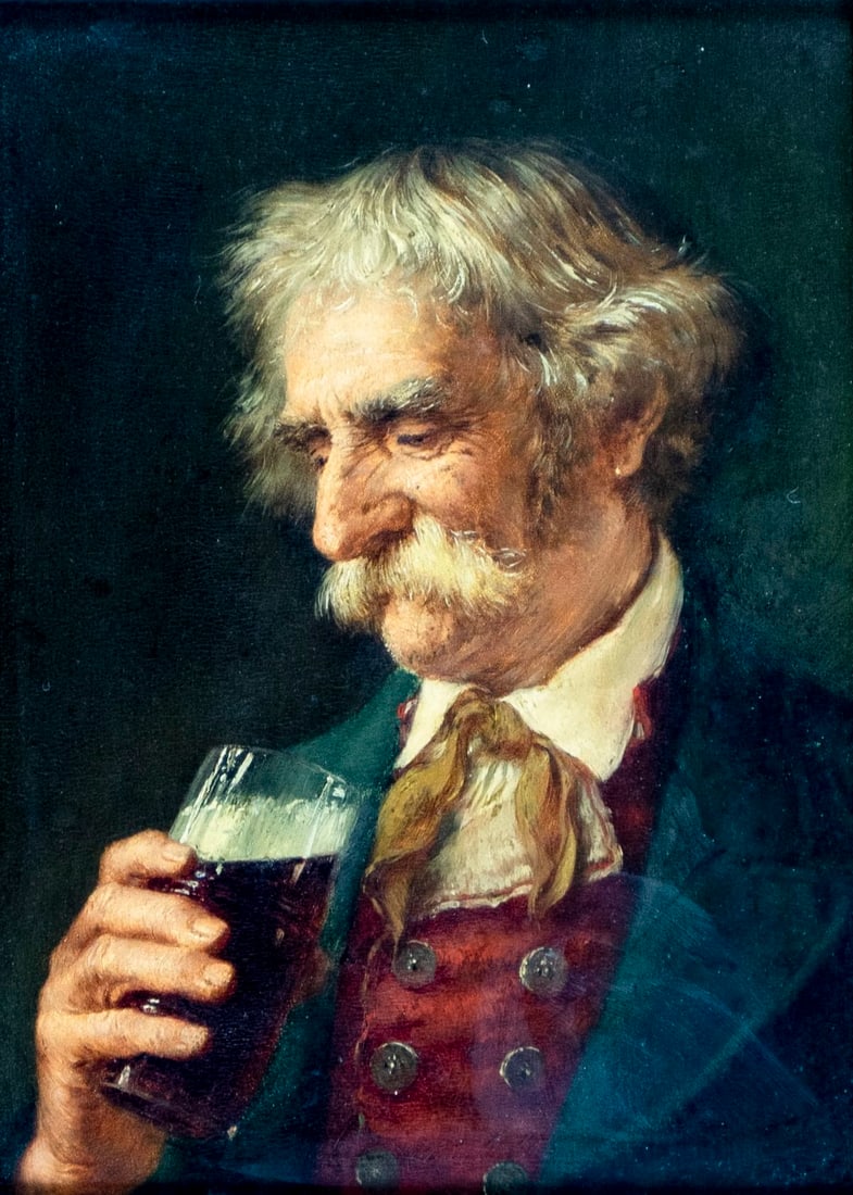 Eugen Lingenfelder (German,1862-1945) oil painting antique: ARTIST: Eugen Lingenfelder (Germany, 1862 - 1945) TITLE: Portrait of Man with Glass of Beer MEDIUM: oil on board CONDITION: Overall good. No visible inpaint under UV light