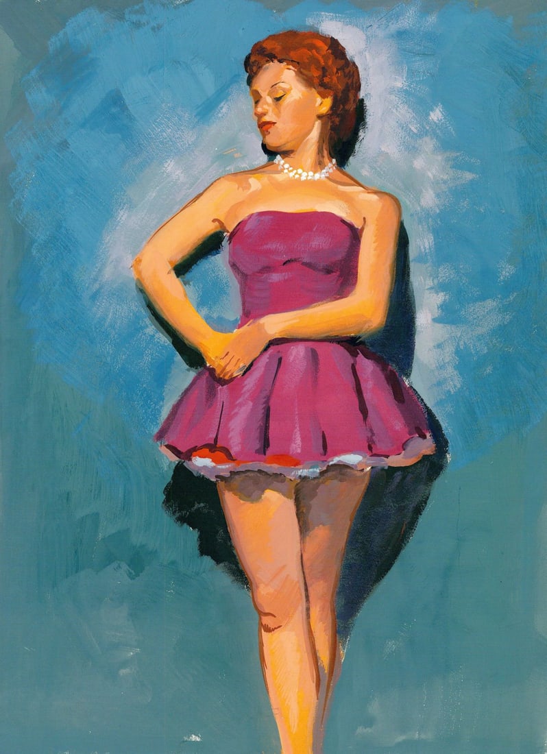 George Seton Coggeshall (IL,1914-1994) gouache painting: ARTIST: George Seton Coggeshall (Illinois, 1914 - 1994) TITLE: Woman in Pink Dress MEDIUM: gouache on board CONDITION: Few minor scratches/paint losses. Minor age toning.<
