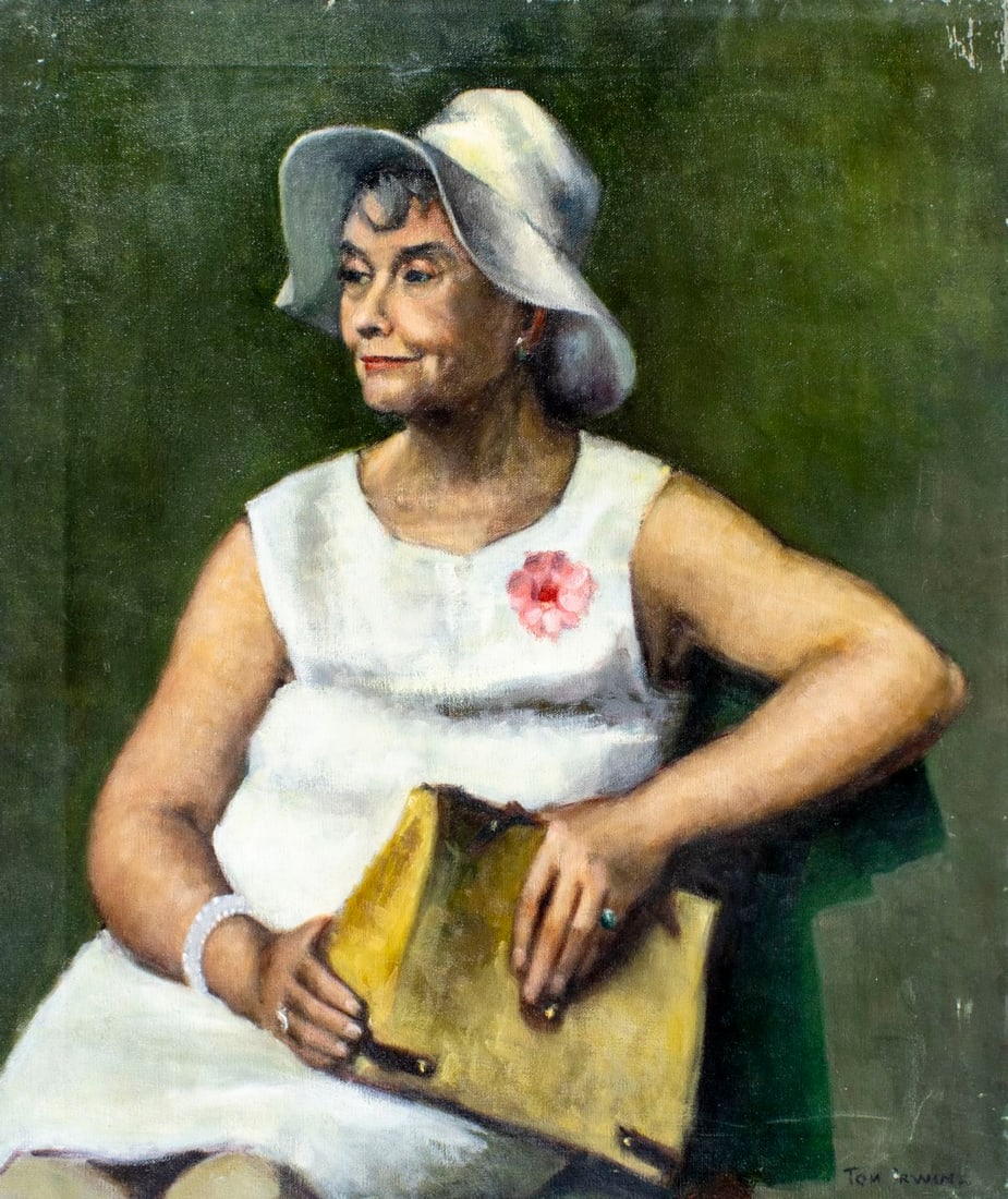 Thomas S Irwin (NY,20C) oil painting: ARTIST: Thomas S Irwin (New York, 20 century) TITLE: Portrait of Woman in White MEDIUM: oil on canvas CONDITION: Some scratches/paint losses mostly along edges. No visible i