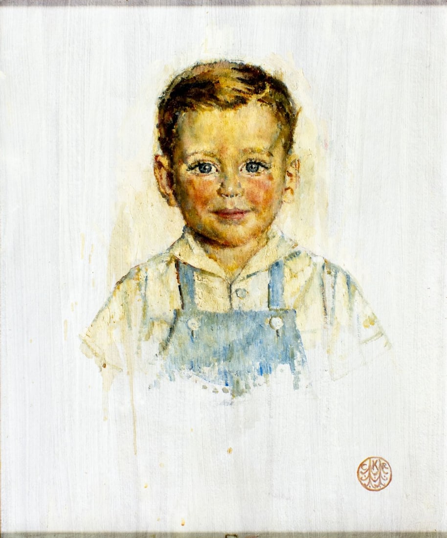 Catherine Richardson Kane (US,mid 20C) oil painting antique: ARTIST: Catherine Richardson Kane (American, mid 20 century) TITLE: Portrait of Earle Williams Newton III (titled on verso) YEAR: 1946 MEDIUM: oil on board CONDIT