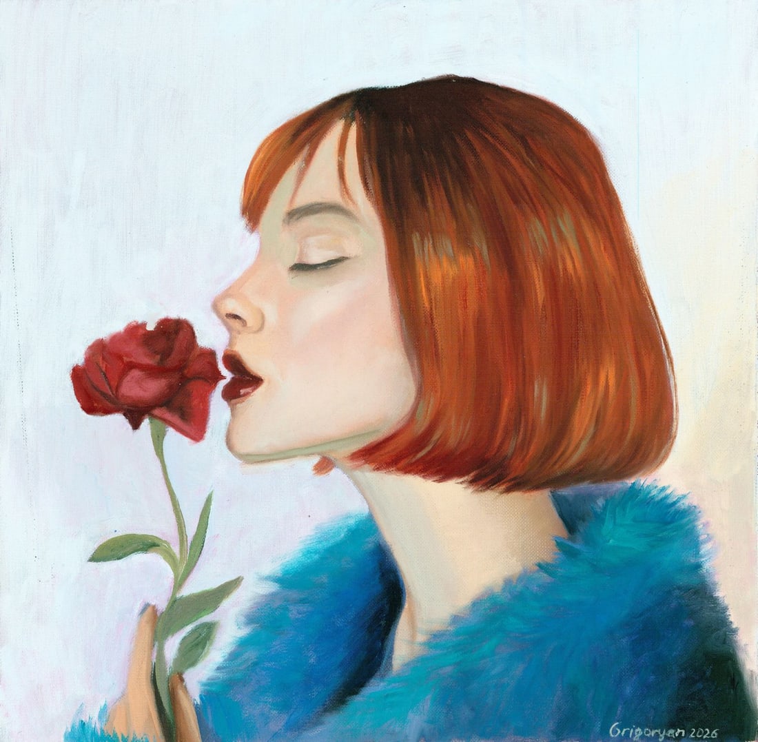 Karina Grigoryan (Ukraine,20/21C) oil painting: ARTIST: Karina Grigoryan (Ukrainian, 20/21 centuries) TITLE: Portrait of Woman with Rose MEDIUM: oil on heavy paper CONDITION: Very good. No visible inpaint under UV light.<