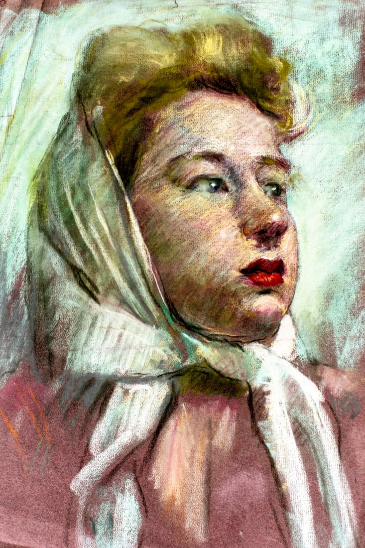 Hal Poth (MO,1924-2017) pastel painting: ARTIST: Harold Ernst Poth (Missouri, 1924 - 2017) TITLE: Portrait of Woman MEDIUM: pastel on paper CONDITION: Some tears to edges. Few crease lines. Some small paint losse