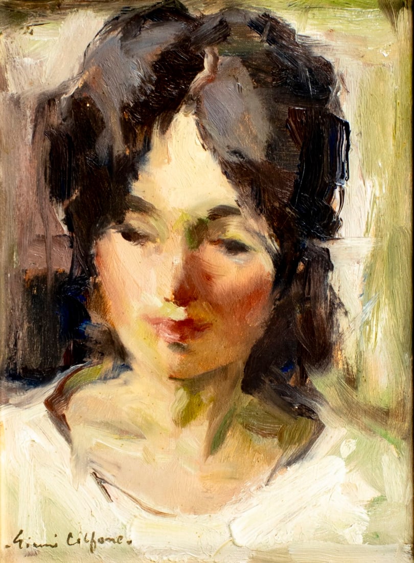 Gianni Cilfone (IL,1908-1992) oil painting: ARTIST: Gianni L Cilfone (Illinois, 1908 - 1992) TITLE: Portrait of Woman MEDIUM: oil on canvas CONDITION: Missing a few flakes of paint. Minor craquelure. No visible inpain