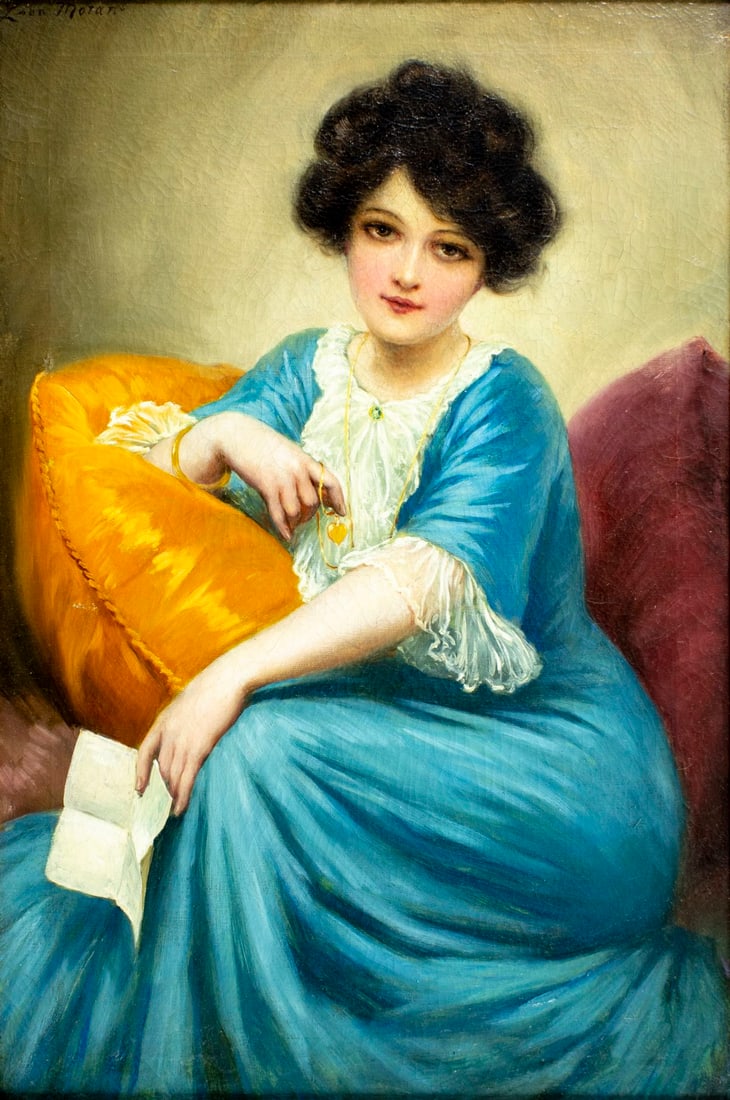 Leon Moran (PA,NJ,1864-1941) oil painting antique: ARTIST: John Leon Moran (Pennsylvania, New Jersey, 1864 - 1941) TITLE: Portrait of Woman with Letter MEDIUM: oil on canvas CONDITION: Few repaired tears. Minor paint losses.