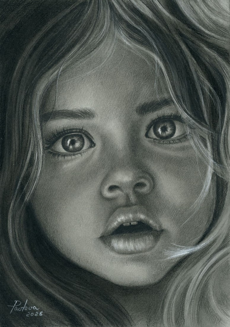 Olena Pavlova (Ukraine,20/21C) pastel painting: ARTIST: Olena Pavlova (Ukrainian, 20/21 centuries) TITLE: Portrait of Girl MEDIUM: pastel on heavy paper CONDITION: Very good. ART SIZE: 12 x 8 inches /