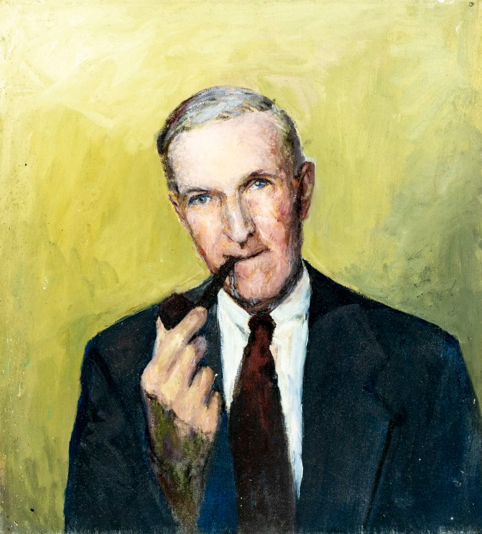 Helen DuMond (NY,CA,OR,1872-1968) oil painting: ARTIST: Helen Savier DuMond (New York, California, Oregon, 1872 - 1968) TITLE: Portrait of Man with Pipe MEDIUM: oil on canvas CONDITION: Some scratches/paint losses. No v