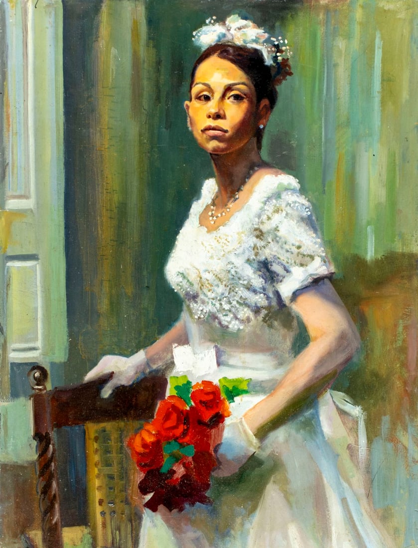 John Reilly (NY,NJ,1942-2021) oil painting: ARTIST: John Reilly (New York, New Jersey, 1942 - 2021) TITLE: Portrait of Bride MEDIUM: oil on board CONDITION: Some small damage to the right edge. Some scratches/paint