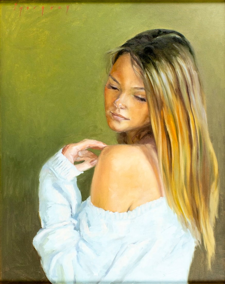 Igor Grey (Ukraine,b 1975) oil painting: ARTIST: Igor Grey (Ukrainian, born 1975) TITLE: Portrait of Young Woman - Anna (titled on verso) YEAR: 2016 MEDIUM: oil on canvas CONDITION: Very good. N