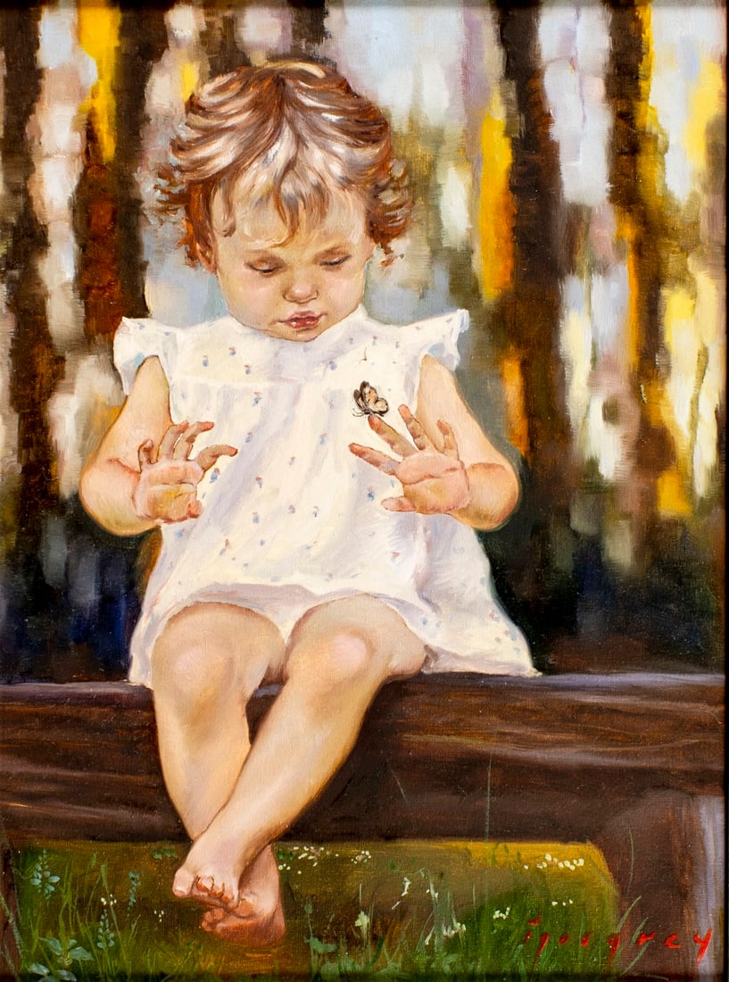 Igor Grey (Ukraine,b 1975) oil painting: ARTIST: Igor Grey (Ukrainian, born 1975) TITLE: Girl with Butterfly YEAR: 2016 MEDIUM: oil on canvas CONDITION: Very good. No visible inpaint under UV li