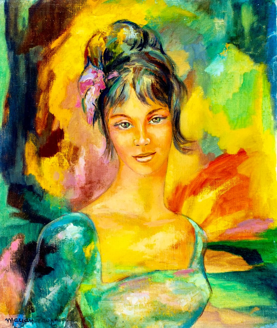 Marian Paupard (France,20C) oil painting: ARTIST: Marian Paupard (French, 20 century) TITLE: Portrait of Woman MEDIUM: oil on canvas CONDITION: Unstretched (In-House stretching available) (In-House stretching availa