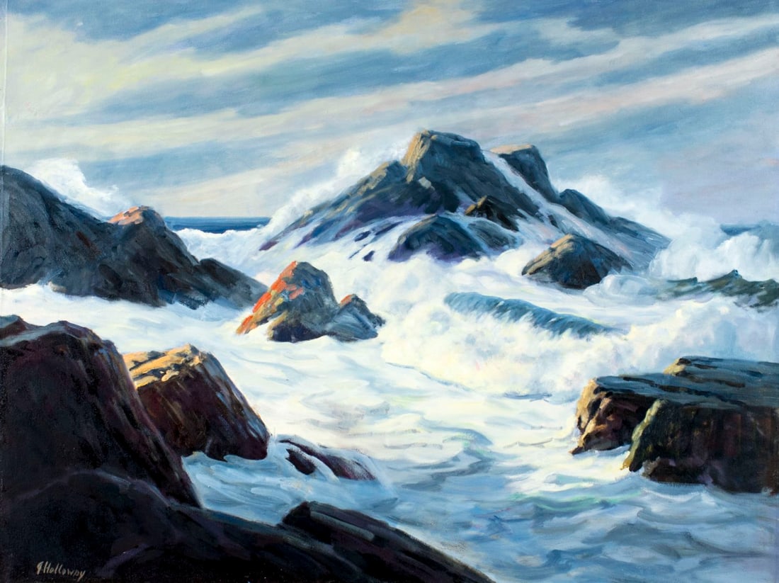 George Holloway (NJ,20C) oil painting: ARTIST: George Holloway (New Jersey, 20 century) TITLE: Seascape MEDIUM: oil on canvas CONDITION: Very good. No visible inpaint under UV light. ART SIZE: