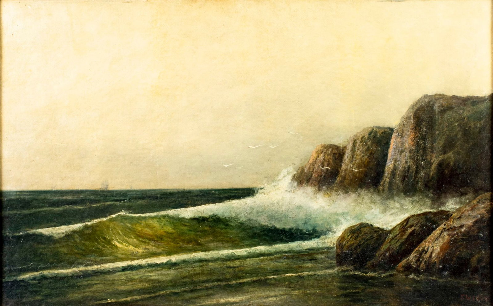 Frederick Theodore Weber (NY,SC,1883-1956) oil painting: ARTIST: Frederick Theodore Weber (New York, South Carolina, 1883 - 1956) TITLE: Sunset Seascape MEDIUM: oil on canvas. Canvas applied to board. CONDITION: Some small scrat