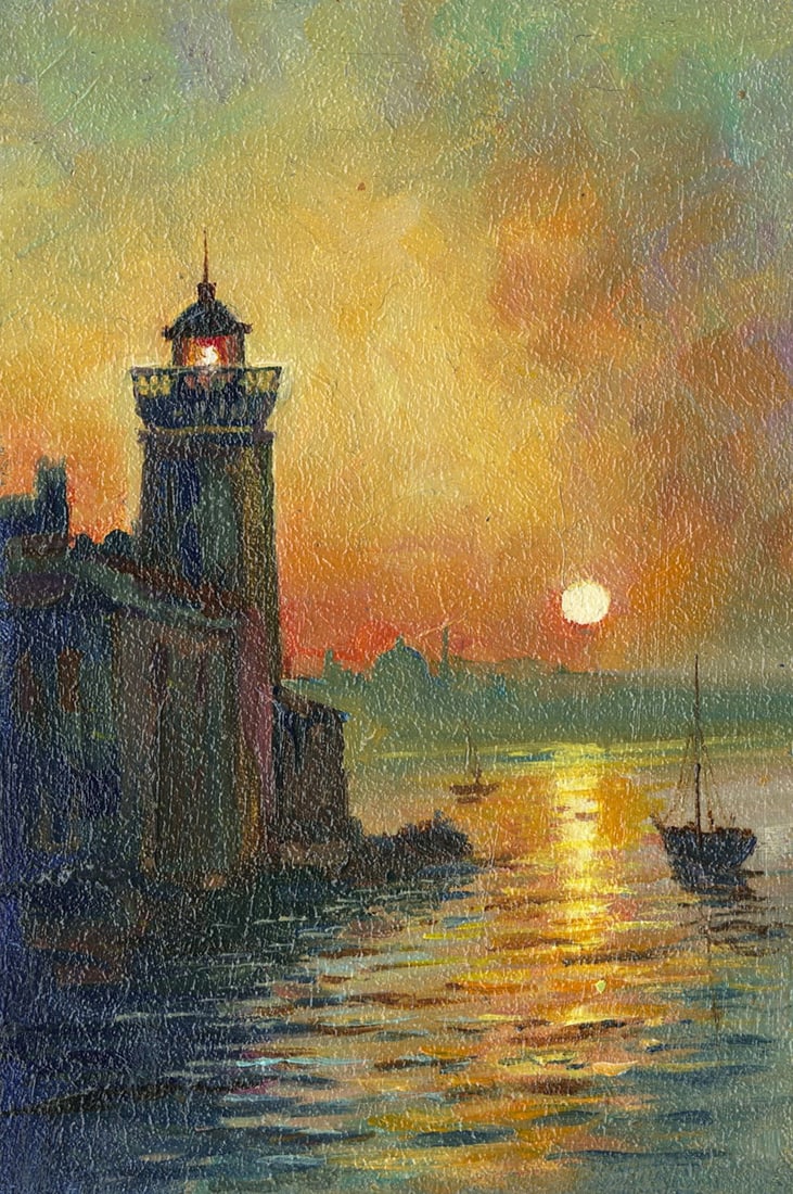 Sergey Kozachkin (Ukraine,b 1965) oil painting: ARTIST: Sergey Vasilievich Kozachkin (Ukrainian, born 1965) TITLE: Sunset Seascape with Lighthouse MEDIUM: oil on board CONDITION: Very good. No visible inpaint under UV lig