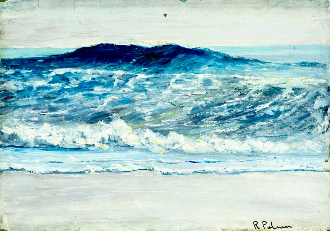 R Palmer (US,early 20C) oil painting antique: ARTIST: R Palmer (American, early 20 century) TITLE: Seascape MEDIUM: oil on board CONDITION: Some small damages to corners. Some scratches/paint losses. No visible inpaint