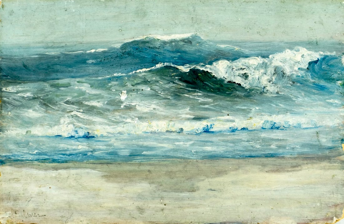 R Palmer (US,early 20C) oil painting antique: ARTIST: R Palmer (American, early 20 century) TITLE: Seascape MEDIUM: oil on board CONDITION: Some damages to edges and corners. Some scratches/paint losses. No visible inp