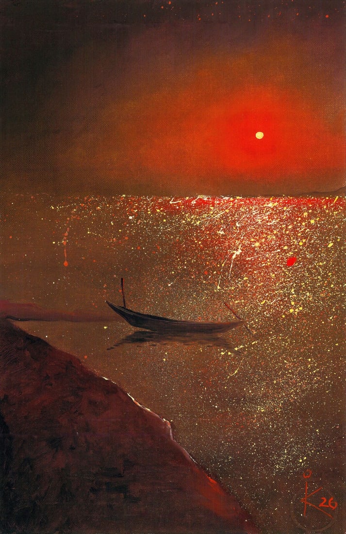 Inna Kravtsova (Ukraine,20/21C) oil painting: ARTIST: Inna Kravtsova (Ukrainian, 20/21 centuries) TITLE: Sunset Seascape with Boat MEDIUM: oil on heavy paper CONDITION: Very good. No visible inpaint under UV light. <