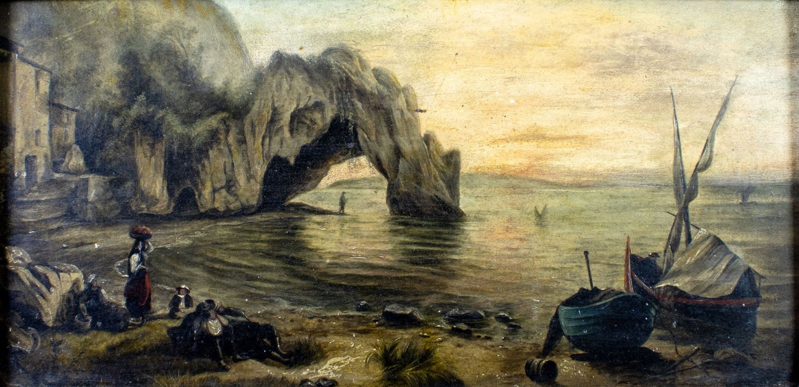 Antique 19C American oil painting: ARTIST: - (American, 19 century) TITLE: Sunset Seascape with Boats YEAR: circa 1900 MEDIUM: oil on board CONDITION: Few small scratches/paint losses. M