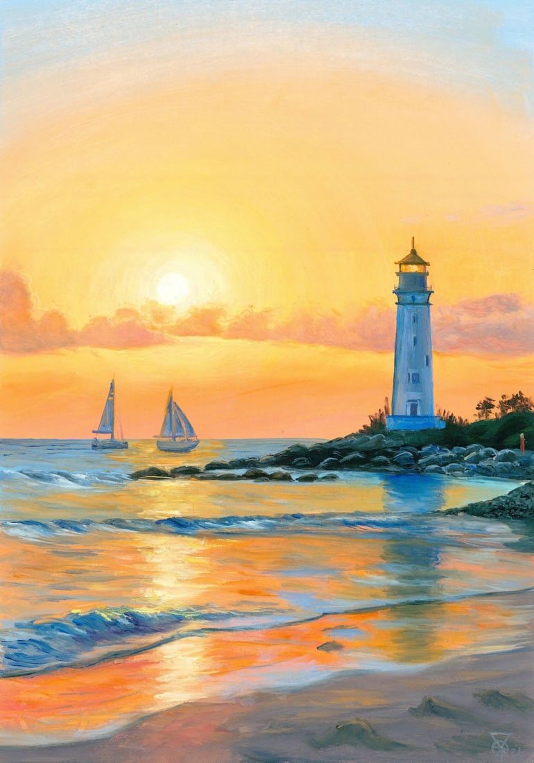 Oleksandr Pukhno (Ukraine,20/21C) oil painting: ARTIST: Oleksandr Pukhno (Ukrainian, 20/21 centuries) TITLE: Sunset Seascape with Lighthouse MEDIUM: oil on heavy paper CONDITION: Very good. No visible inpaint under UV lig