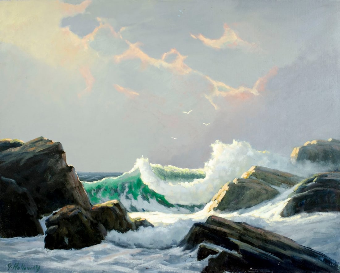 George Holloway (NJ,20C) oil painting: ARTIST: George Holloway (New Jersey, 20 century) TITLE: Sunset Seascape MEDIUM: oil on canvas CONDITION: Few small paint losses by the upper edge. One minor scratch by the l